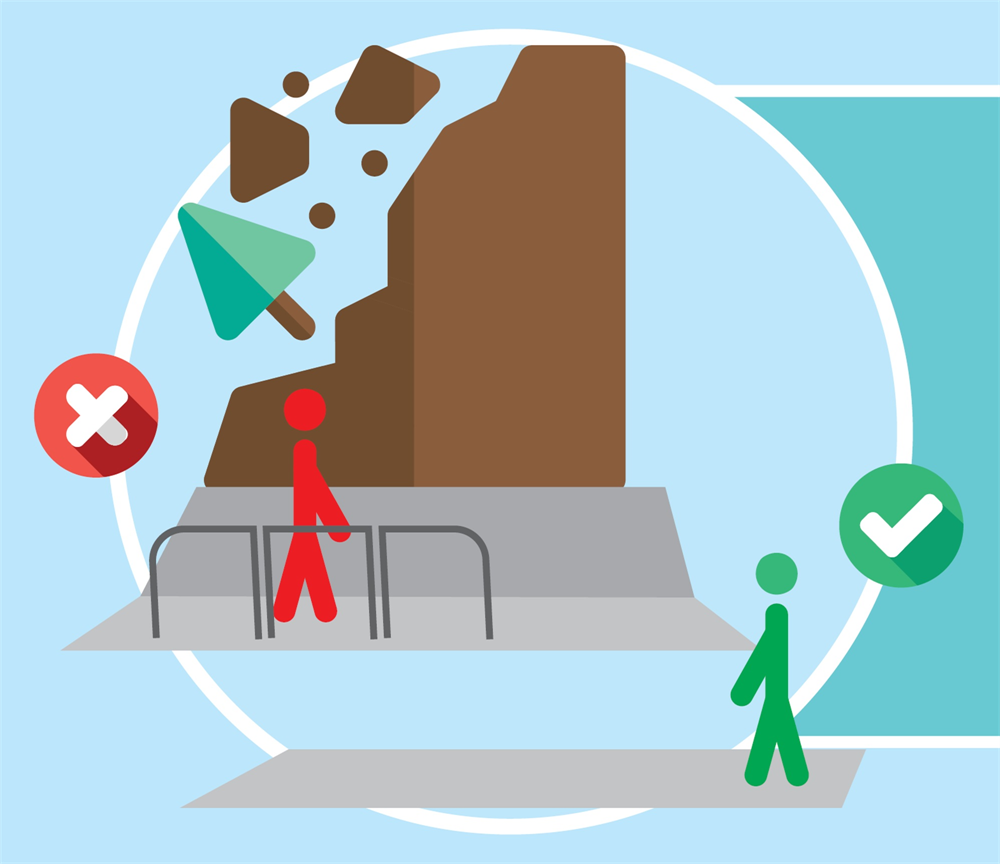 When landslip warning is in force, do not stay below slopes, especially in-between slopes and rigid structures.